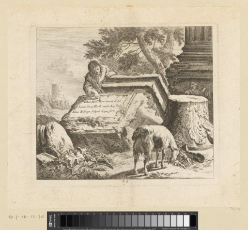 Shepherd boy with a goat near antique ruins