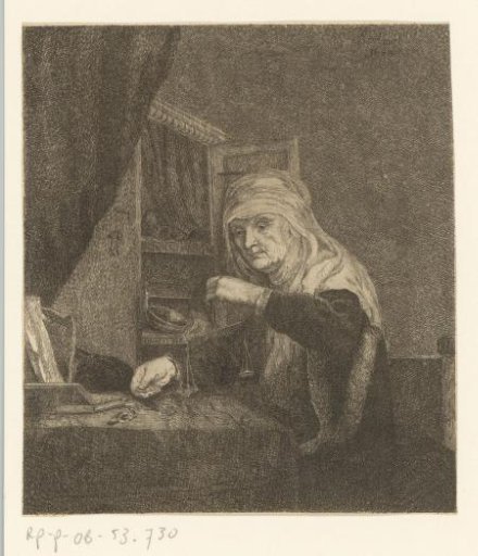Old woman at a table with a scale