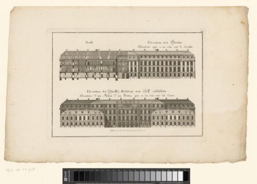 Residence seen from the garden and from the courtyard with section