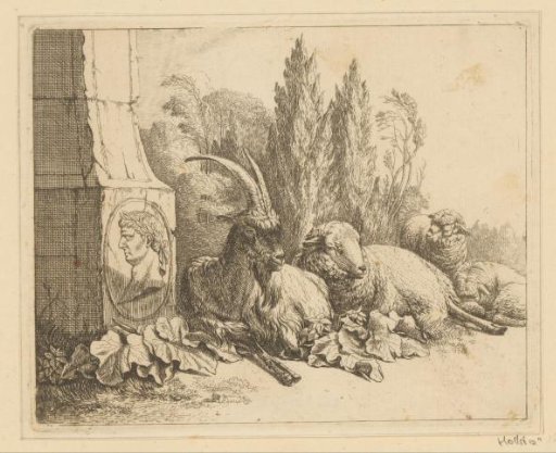 Lying goat and three sheep at the foot of an obelisk with a bust of a Roman emperor