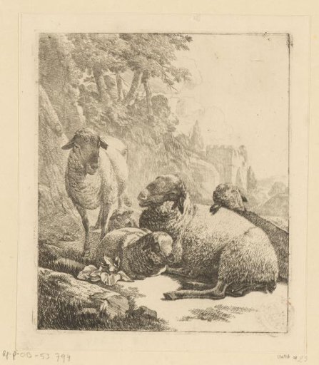 Standing sheep and four lying sheep