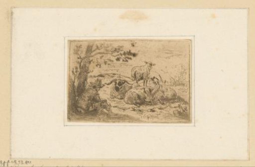 Shepherd seated under a tree with a goat, ram and two sheep