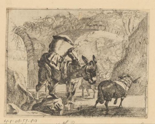 Man stepping from a stone onto the back of a donkey near ruins