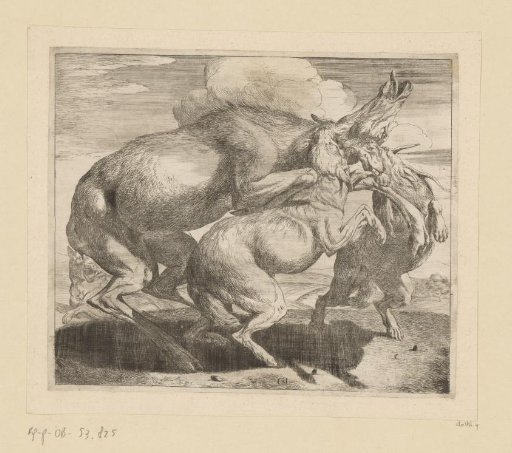 A Stag Attacked by Two Wolves
