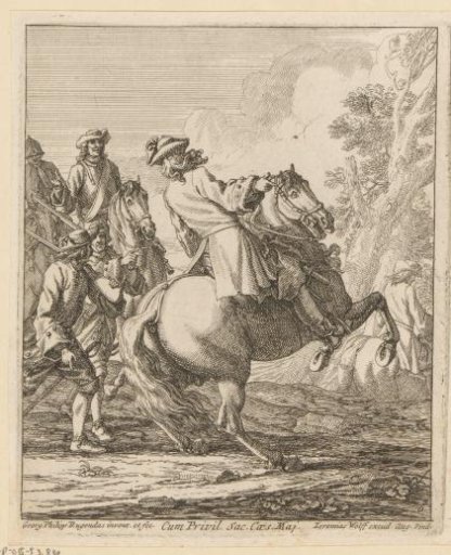 Rearing horse with rider, followed by foot soldiers and riders