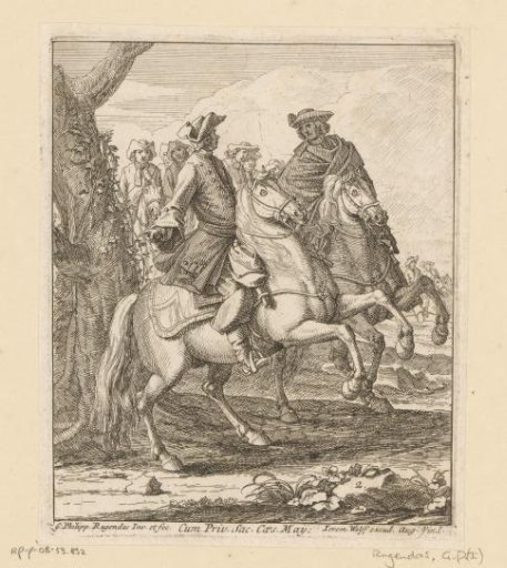 Two riders in conversation by a tree, behind them more riders