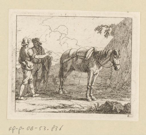 Two travellers and a saddled horse