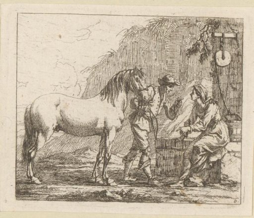 Man with horse on a lead and woman in conversation at a water well
