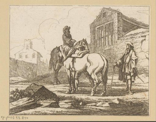 Rider speaking with a man standing by his horse