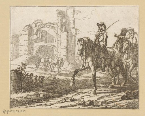 Riders riding past a ruin