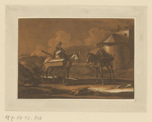 Two laden horses outside the city wall, with a child seated on one