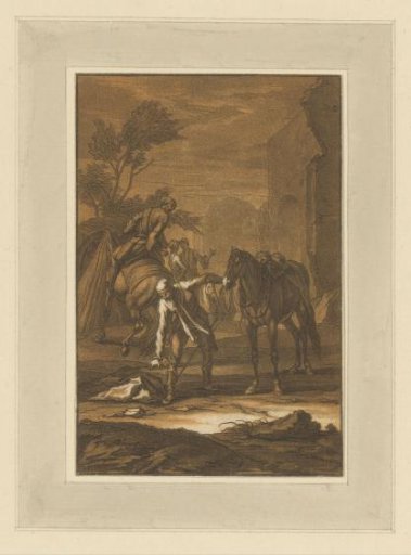 Man beside a horse bending down to pick something up from the ground