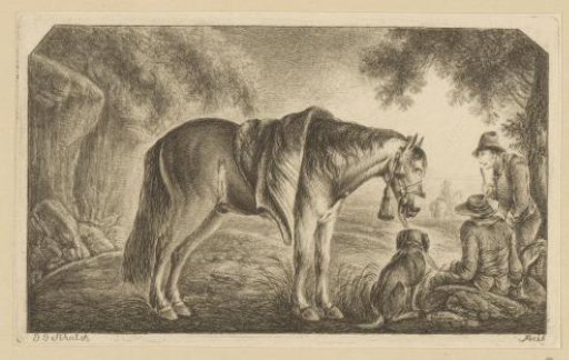 Horse and Two Men with a Dog