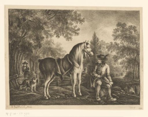 Horse Held by a Leash by a Man Sitting on a Stone