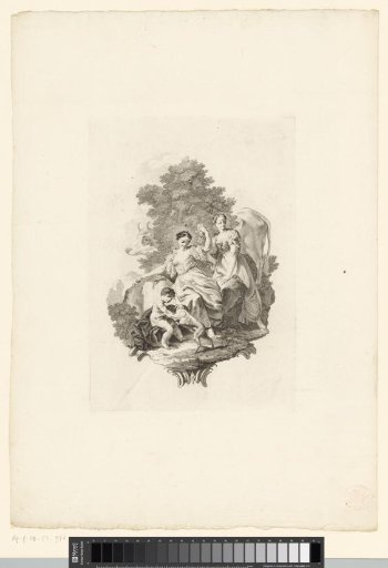 Two women and a naked boy playing with a dog and a bull