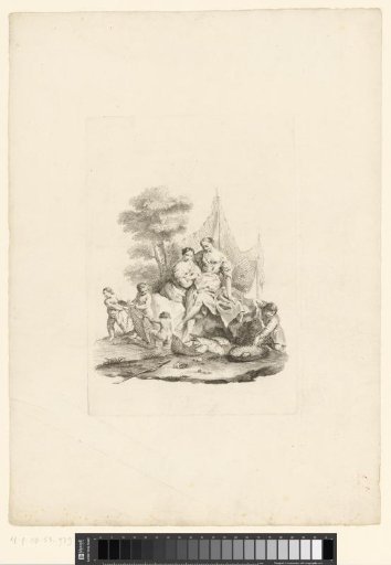 Two women sitting on a rock, cupids and a fisherman busy with nets and caught fish