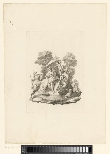Bathing woman, shepherdess, two cupids and a flock of goats and sheep