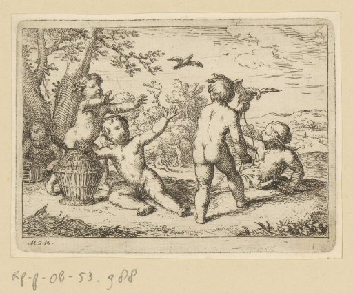 Spring: five naked children playing with birds