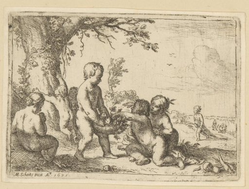 Summer: naked children picking and eating fruit