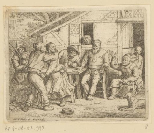 Company of peasant men and women at table in front of a house