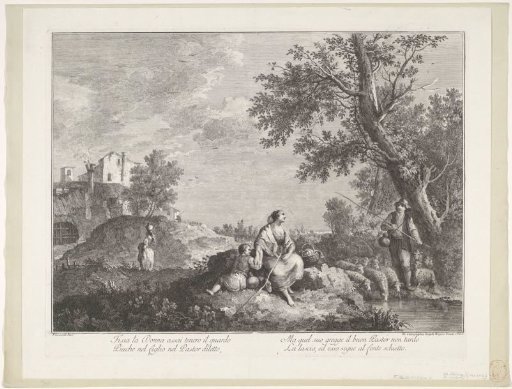Landscape with shepherdesses and boys near a waterfall