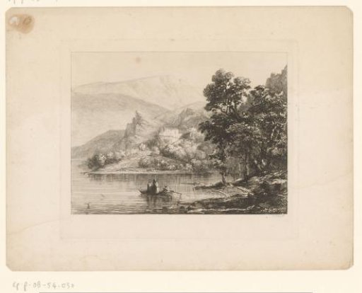 Three Monks in a Boat on a Lake with a Monastery