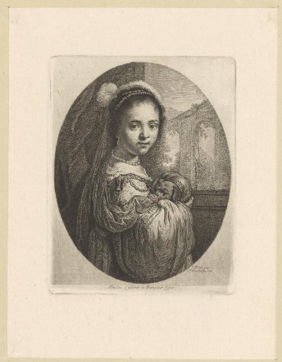 Young woman with a dog by a ruin