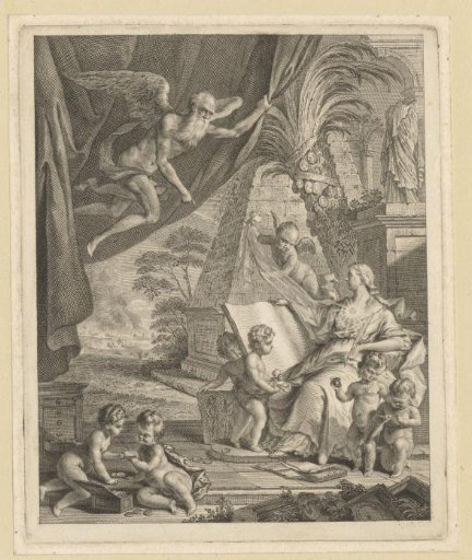 Allegorical representation of a woman beside a large open book
