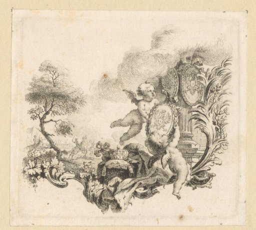Two putti placing a coat of arms