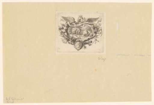 Vignette with a lion holding an arrow between its paws