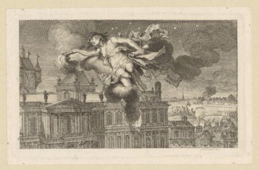 A war fury floats with a burning torch over a castle
