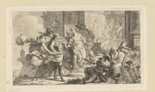 The hero is led to the temple of fame by Bellona and Victoria
