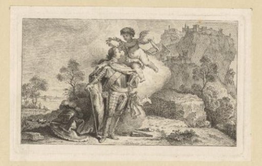 The hero in armor is crowned with laurels by a putto