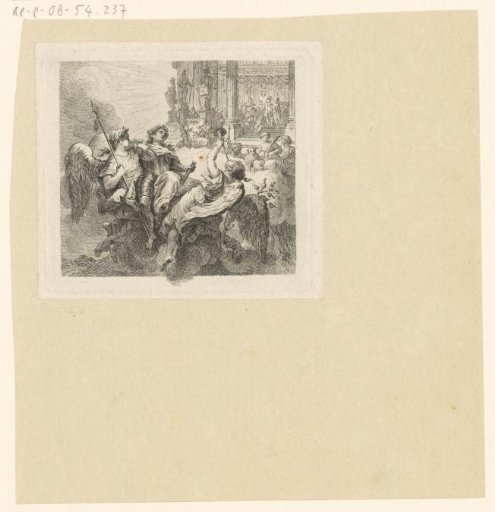 Apotheosis of a hero, who is carried upwards by Bellona and Fame