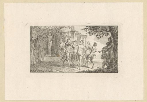 Three satyrs making a round dance with three nymphs