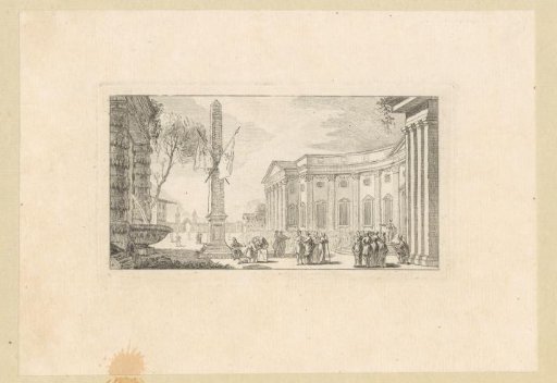 City square with an obelisk to which two flags are attached