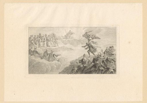 Archangel Michael drives saints off a mountain, God among saints looks on