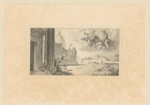 Saint Peter on a rooster and Saint Anthony on a pig floating above a domed church