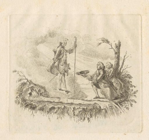 A young man appears in the clouds, two gentlemen kneel before him