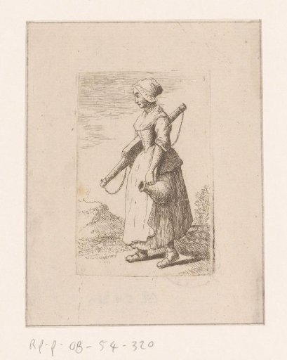 Peasant woman with a yoke under her arm and a jug in the other hand