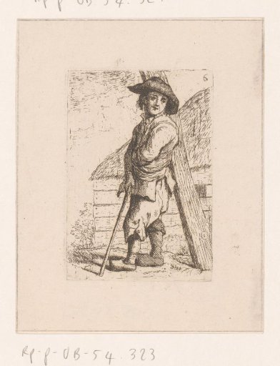 Peasant man leaning against a wooden post