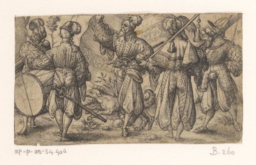 Five Landsknechts with banners and musical instruments