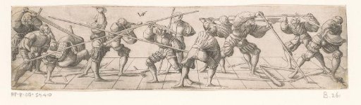 Fencing exercises by thirteen soldiers