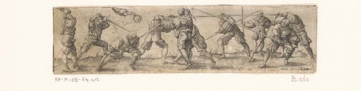 Eleven soldiers fencing and a bird with a laurel wreath