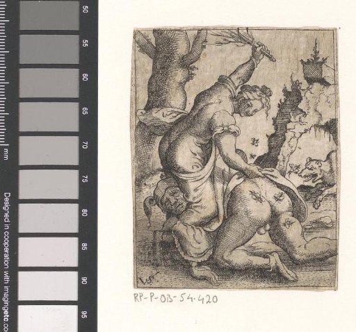 Fool beaten by a woman with a bundle of sticks