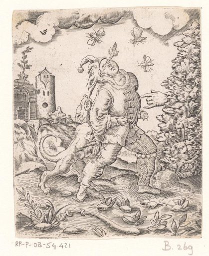 Fool attacked by wasps and a dog