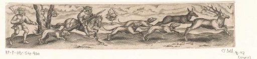 Stag hunt with two hunters and four dogs