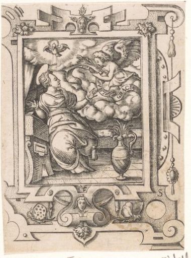 Annunciation in a strapwork frame