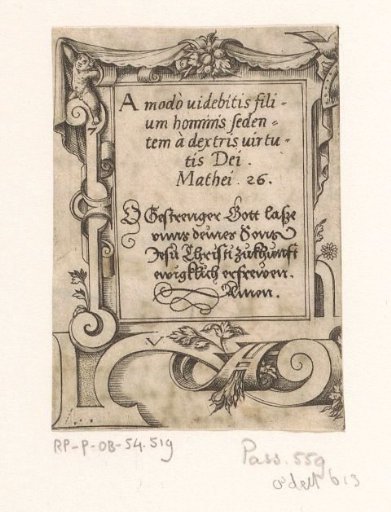 Prayer in Latin and German in a scrollwork frame