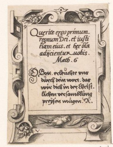 Prayer in Latin and German in a scrollwork frame